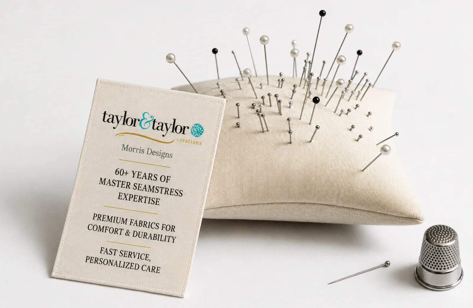 Taylor & Taylor pincushion and thimble, with the label reading 60+ years of master seamstress expertise, premium fabrics for comfort and durability, fast service and personalized care